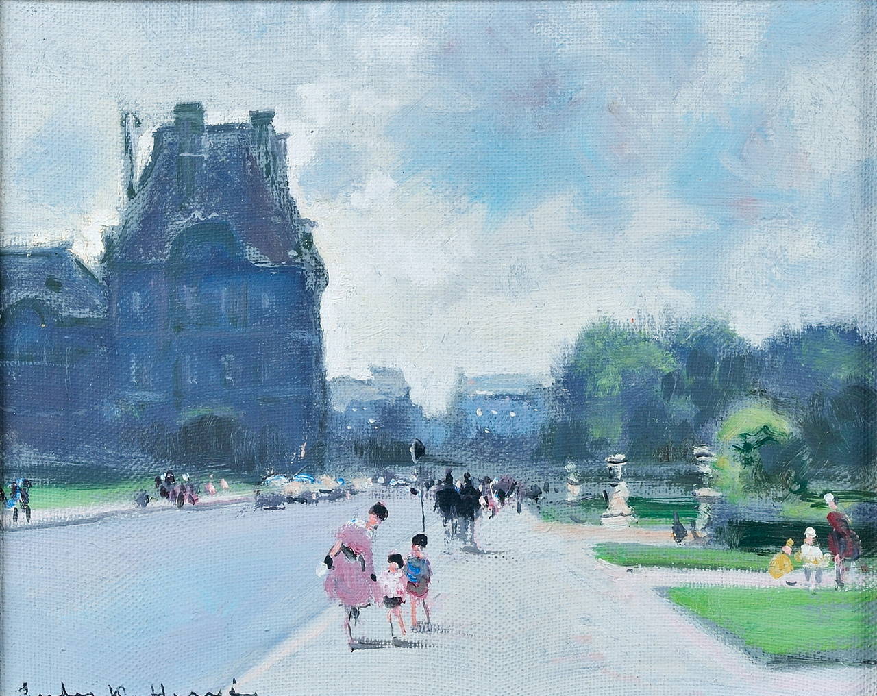 Tuileries Gardens in Paris.
Jules René Hervé (French, 1887-1981).
Oil on canvas.
Signed lower left, also signed on the reverse.
22 x 26.5 cm (8.6