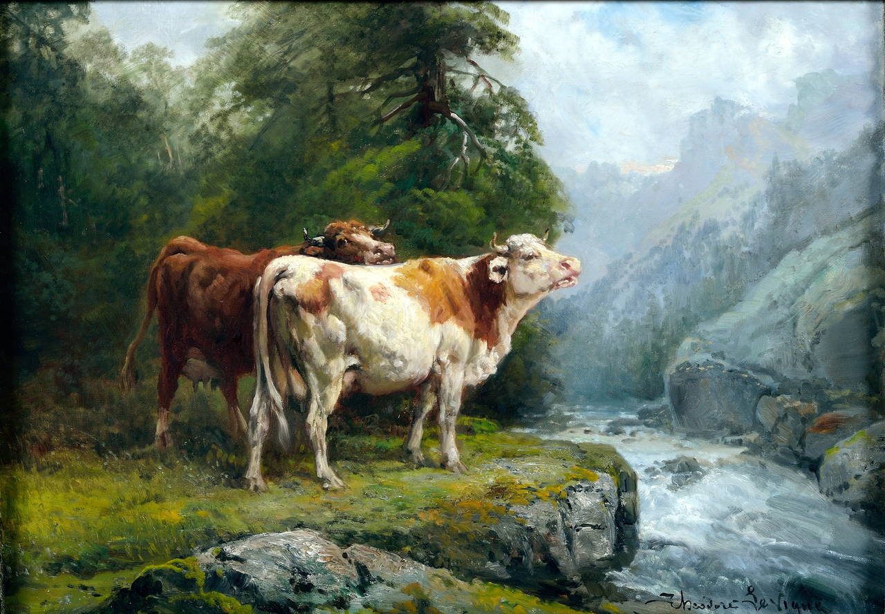 Cows on the edge of a torrent in a mountainous landscape.
Oil on canvas.
Signed.
Théodore Lévigne (French, 1848-1912).
65 x 48.5 cm (25