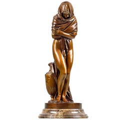 Antique Houdon, the Shivering Girl, Bronze Figure