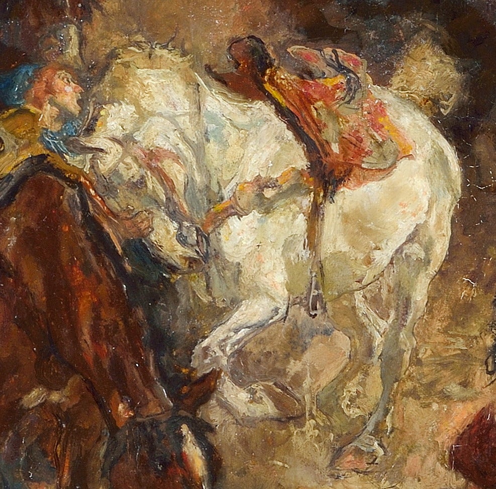 Horses and cavalry men resting,
oil on board.
Johannes Hendrikus Jurres (1875-1946).
Romanticism School of Netherlands.
Signed 'Jurres' (lower left).
The reverse with Old Dominion gallery label and ink stamped twice.
Dimensions: 42 cm x 35.5