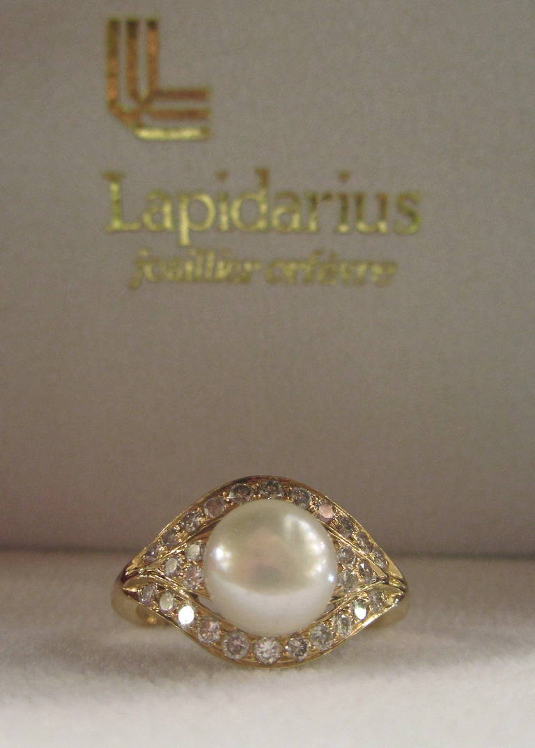 Gold Pearl Ring with Diamonds
