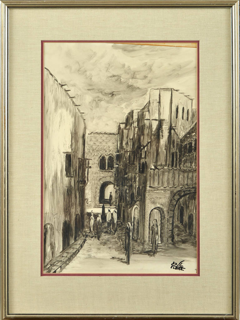 Gouache on cardboard.
By André Elbaz, Moroccan.
Tall Arabs walking in a medieval street of a Arab city (Cairo?).
Measures: 50.5 cm x 35 cm.