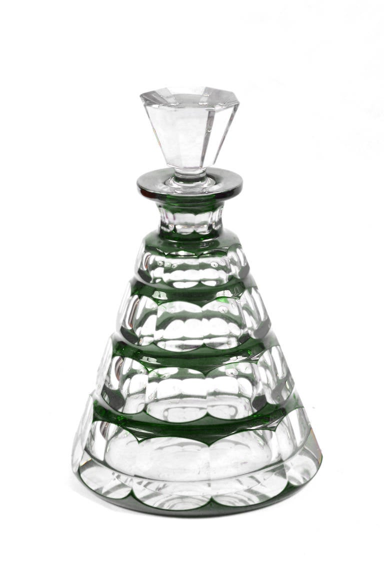 Art Deco crystal green cut-to-clear decanter designed by Charles Graffart for Val St. Lambert
Capped by an inverted stopper
The base is signed 