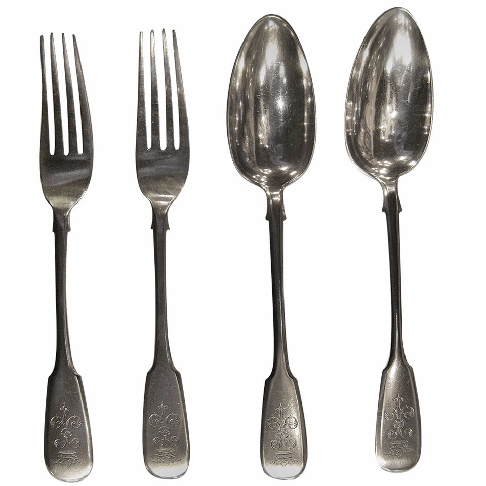 Karl Fabergé, Four-Piece Russian Silver Cutlery For Sale