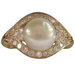 Gold Pearl Ring with Diamonds
