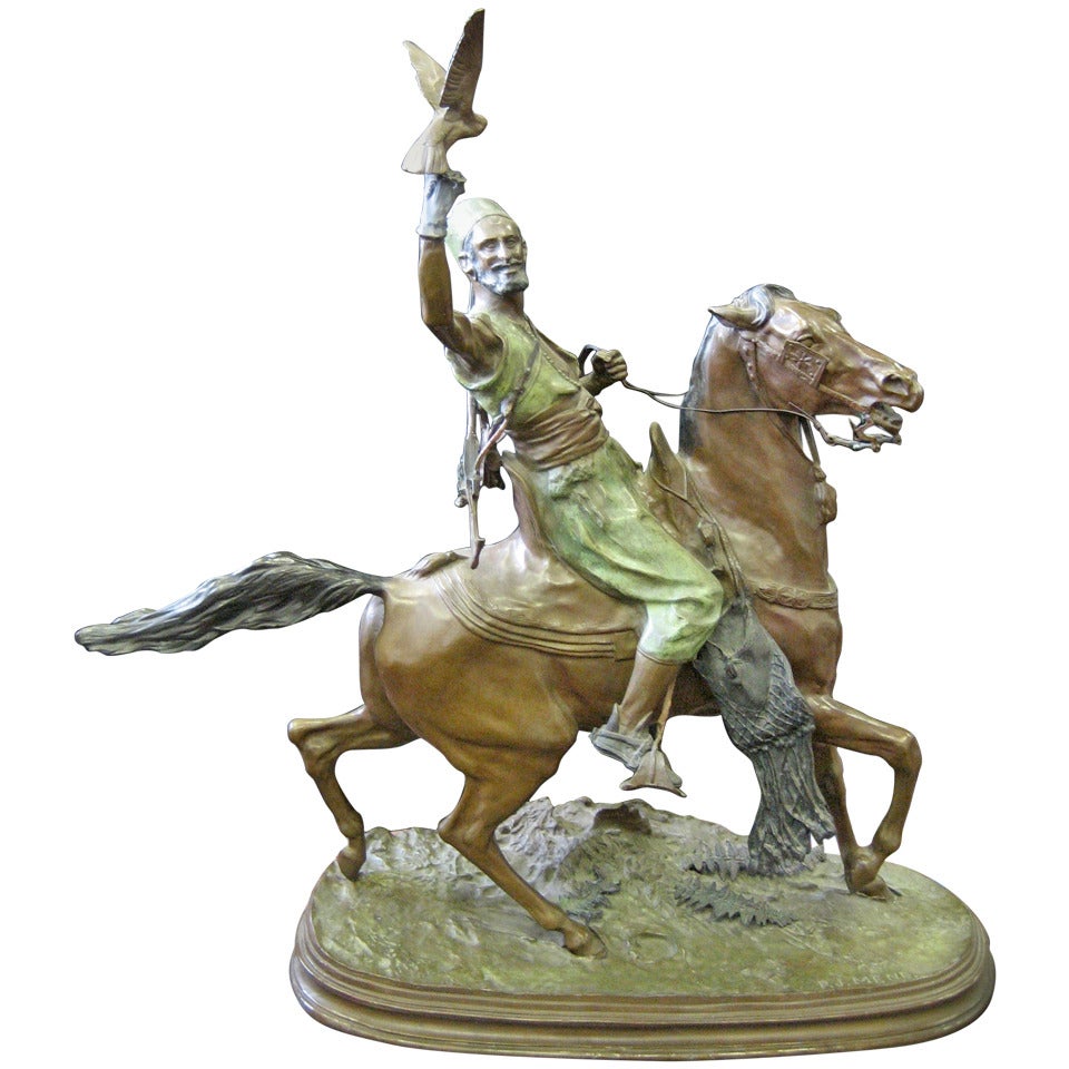 Pierre Jules Mène, Monumental Arab Falconer on Horse Sculpture For Sale