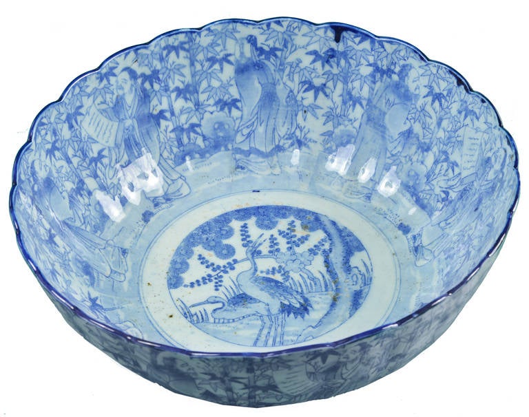 Large Blue and White Chinese Porcelain Gadroon Bowl