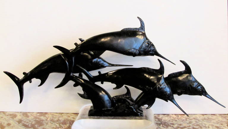 British W.A Lovegrove Art Deco Leaping Shoal of Swordfishes in Bronze For Sale