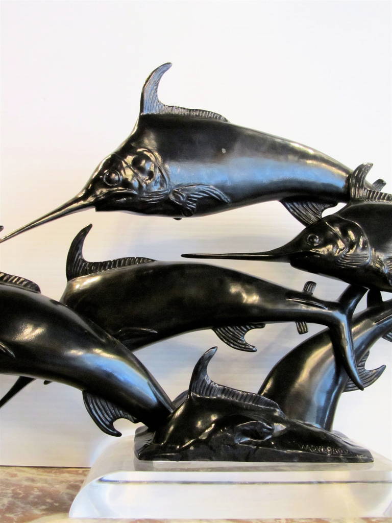 W.A Lovegrove Art Deco Leaping Shoal of Swordfishes in Bronze In Good Condition For Sale In Montreal, Quebec