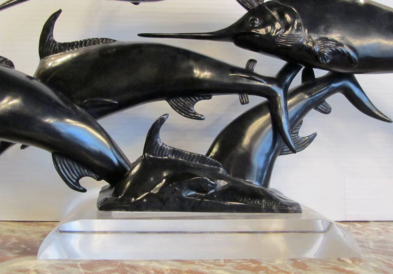20th Century W.A Lovegrove Art Deco Leaping Shoal of Swordfishes in Bronze For Sale