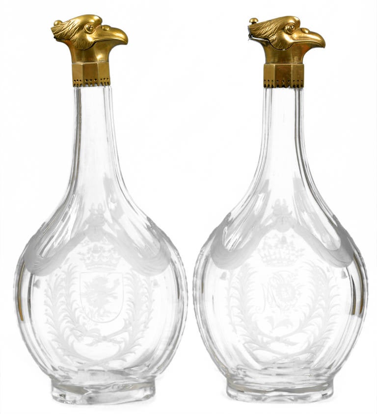 Pair of Crystal Decanters with Gilt Bronze Cover Mounted with an Eagle's Head
