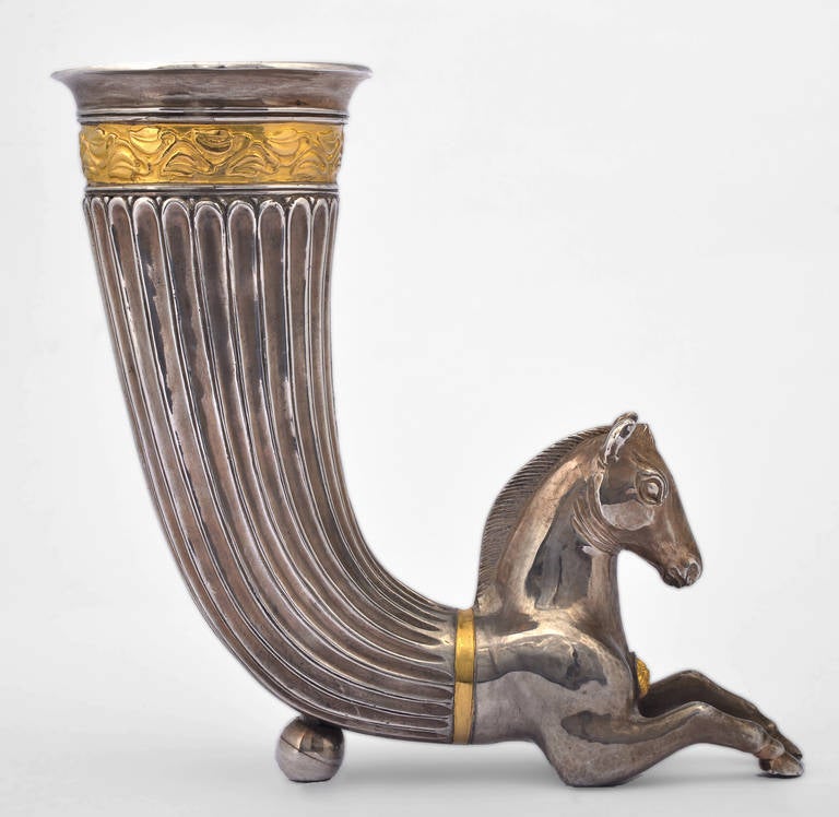 Adapted from a Thracian rhyta (4th century B.C.) now part of the Borovo Treasure at the Rousse Regional Historical Museum, Bulgaria, our rhyton is crafted exclusively for Lapidarius. A one of a kind - lost wax technique, pure silver (1000/1000) and
