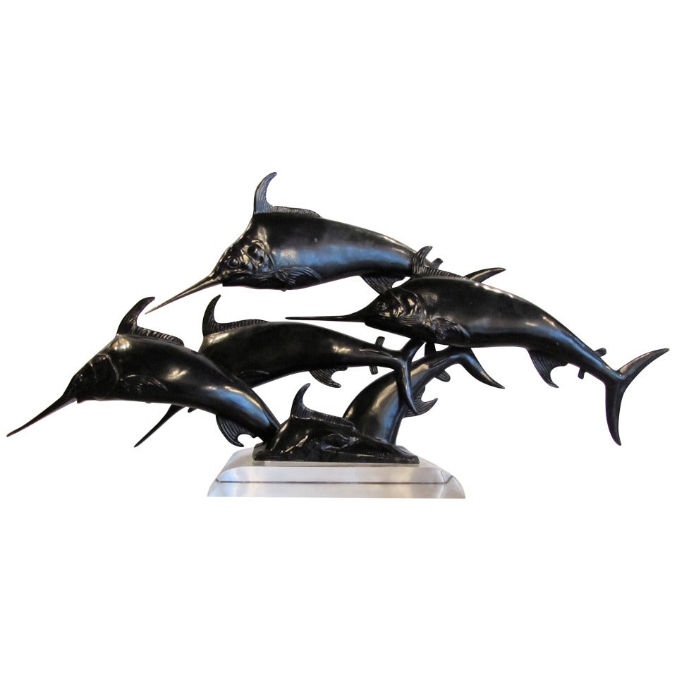 W.A Lovegrove Art Deco Leaping Shoal of Swordfishes in Bronze For Sale