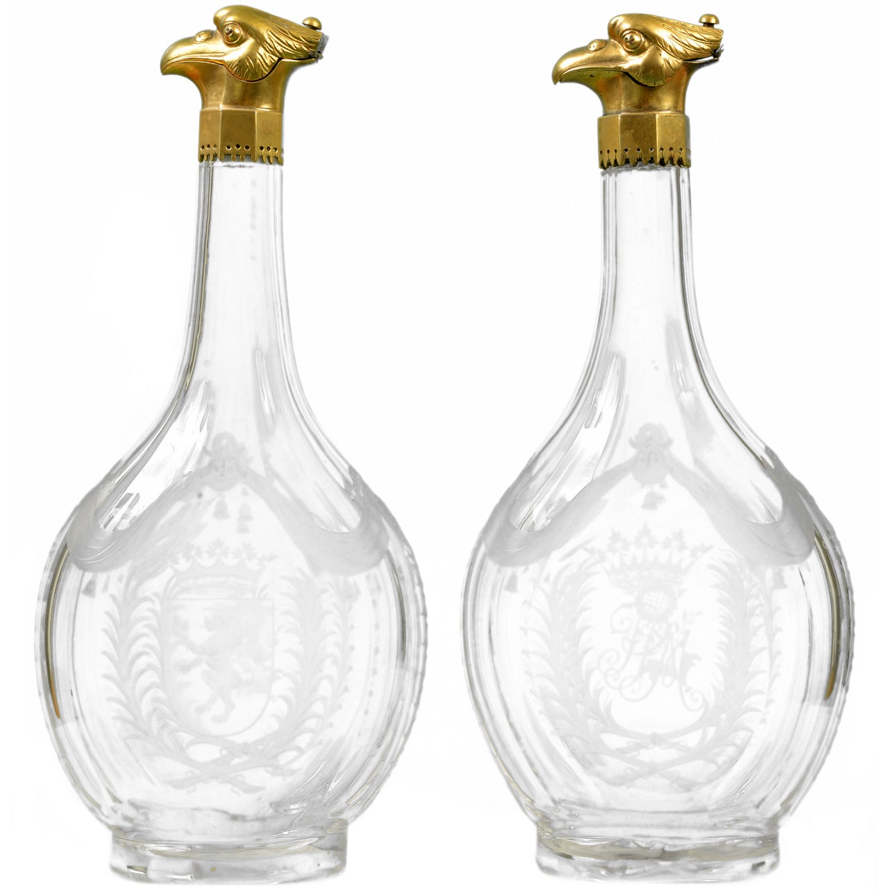 Pair of Crystal Decanters with Gilt Bronze Cover Mounted with an Eagle