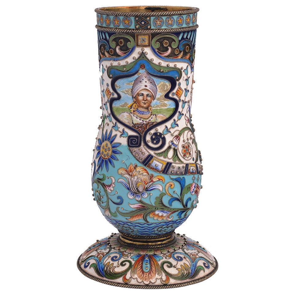 Mark of Fedor Rückert, Russian Cloisonné Enamel Vase For Sale