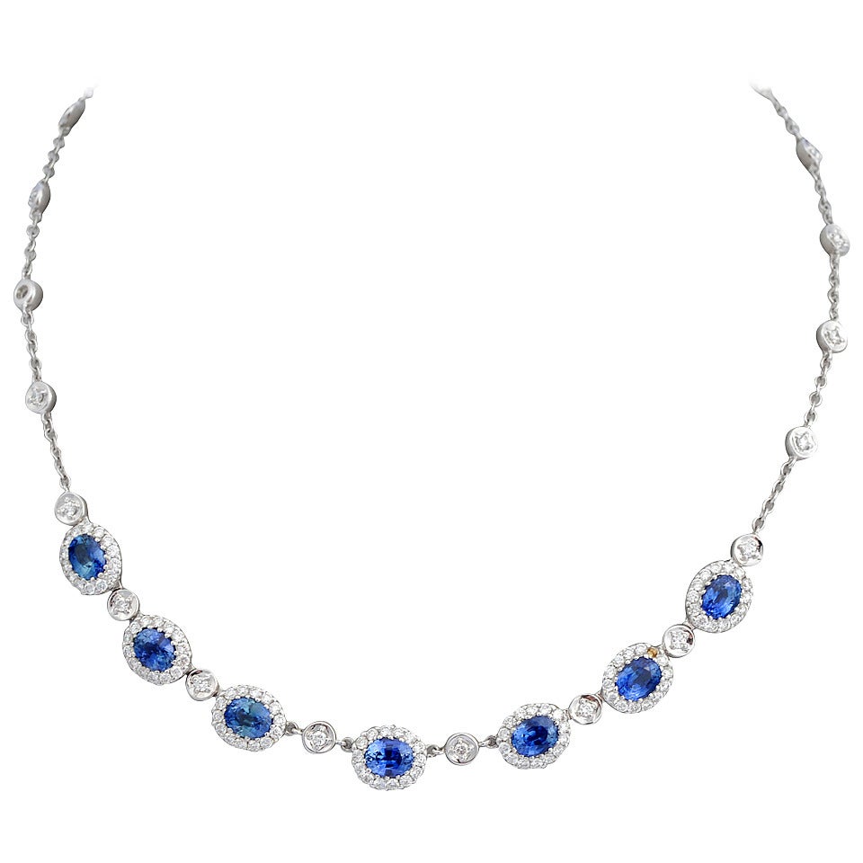 Birks, Diamond and Sapphire Necklace Mounted in 18-Karat White Gold For Sale
