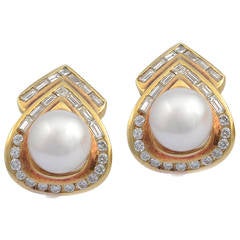 Retro Gold Earrings Set with Diamonds and Japanese Mikimoto Cultured Pearls