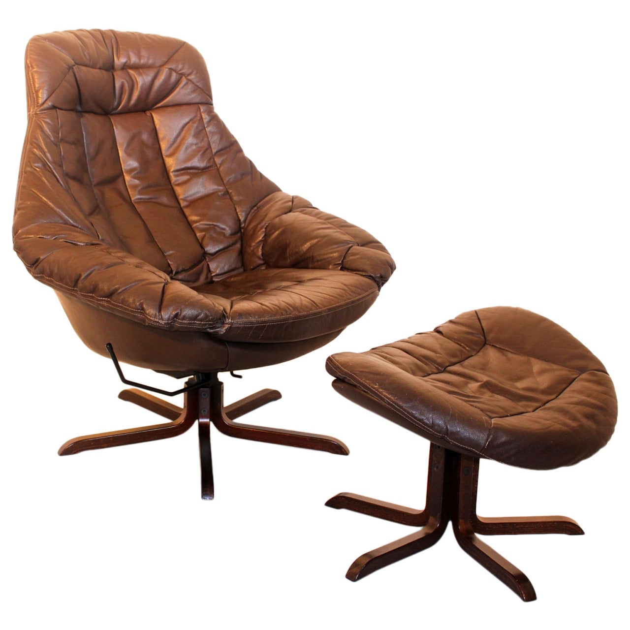 Brown Leather Rosewood Lounge Chair and Ottoman H. W. Klein, Denmark circa 1970