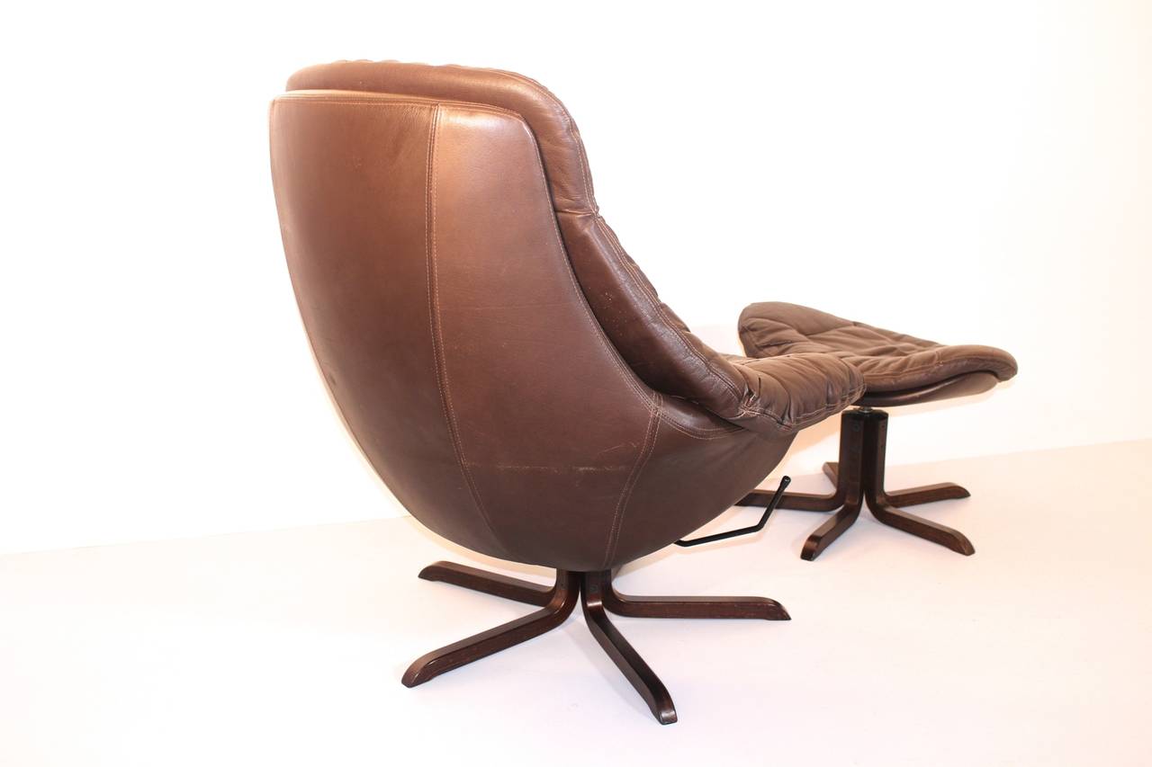 Scandinavian Modern Brown Leather Rosewood Lounge Chair and Ottoman H. W. Klein, Denmark circa 1970