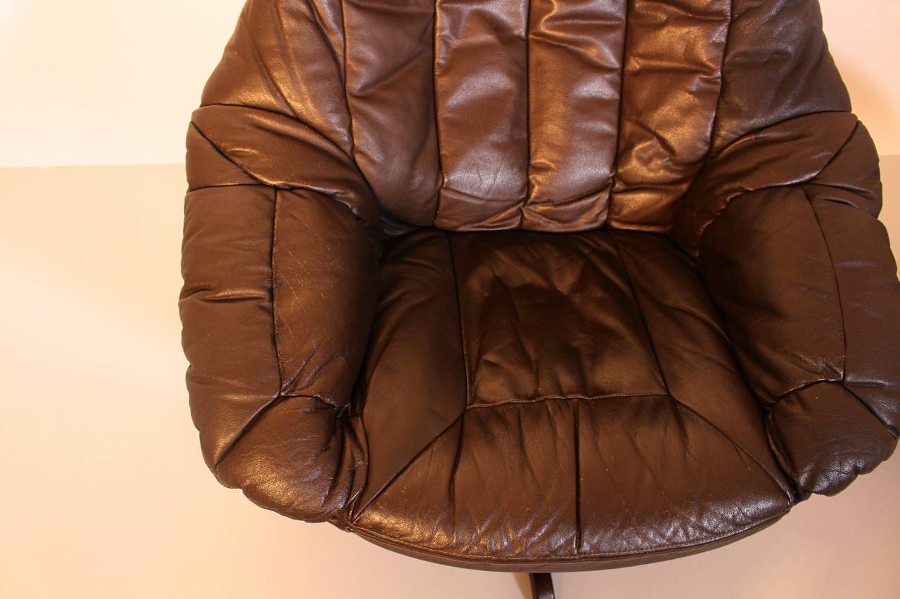 Danish Brown Leather Rosewood Lounge Chair and Ottoman H. W. Klein, Denmark circa 1970