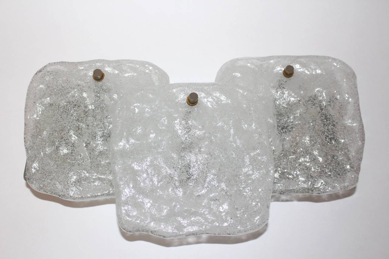Plated Mid-Century Modern Vintage Ice Glass Sconces by Kalmar Vienna, 1960s For Sale