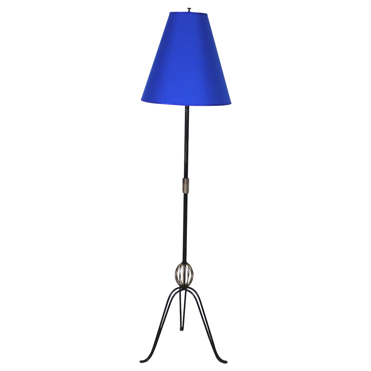 Mid Century Modern Vintage Metal Floor Lamp with blue Shade France c.1950 For Sale