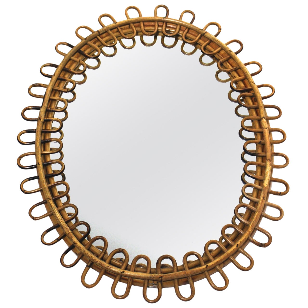 Riviera Style Rattan Mirror in the Style of Jean Royere, 1950s