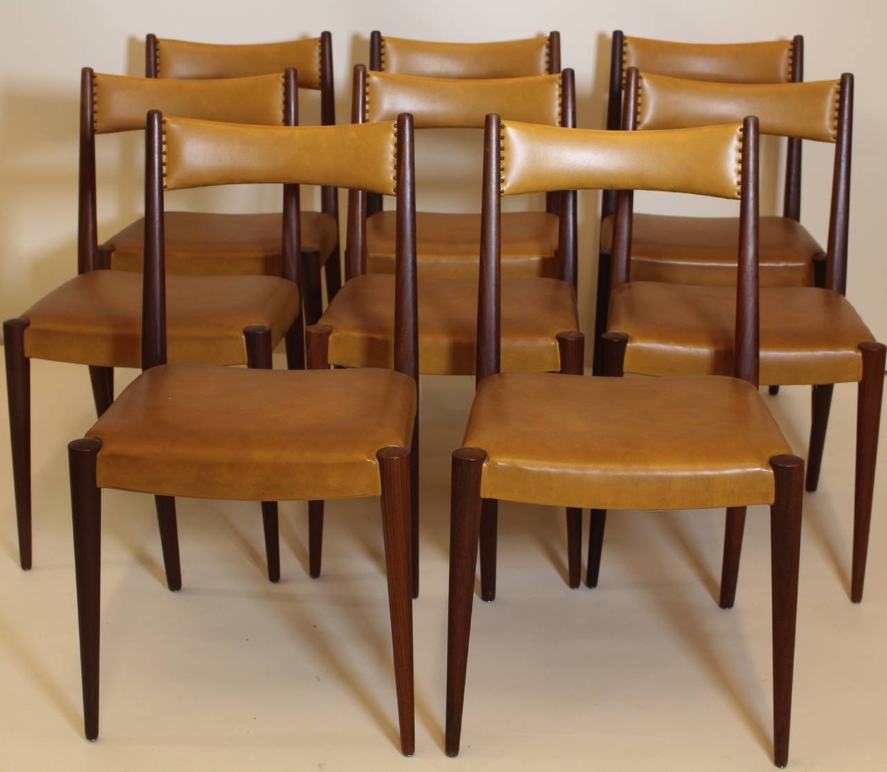Mid century modern brown beech dining room chairs, set of 8,  1953, designed by Anna-Lülja Praun (1906 - 2004), Vienna and executed by Wiesner-Hager, Austria.
In the 1950s Anna-Lülja Praun created many designs for the furniture store 
