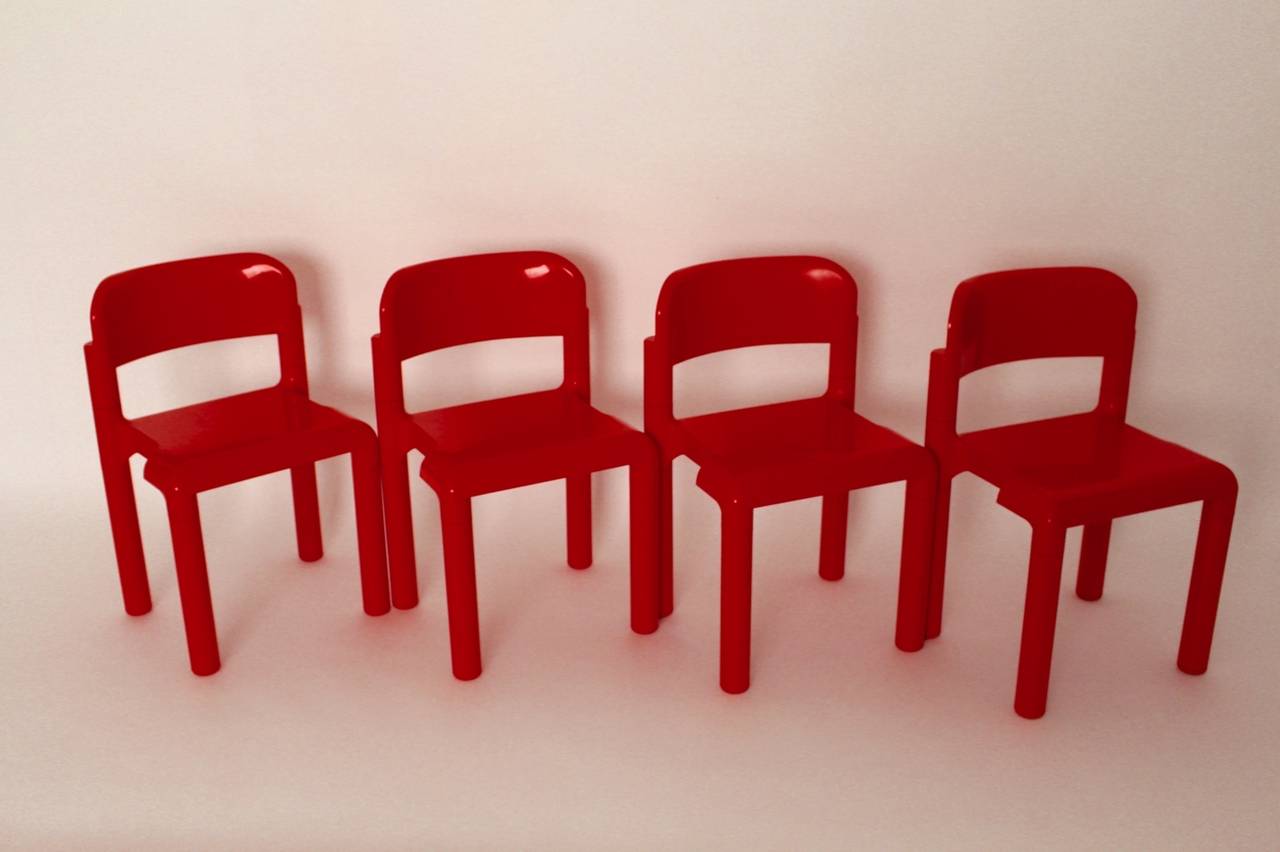 Late 20th Century Red Space Age Vintage Set of Four Plastic Chairs by Eero Aarnio, 1970s