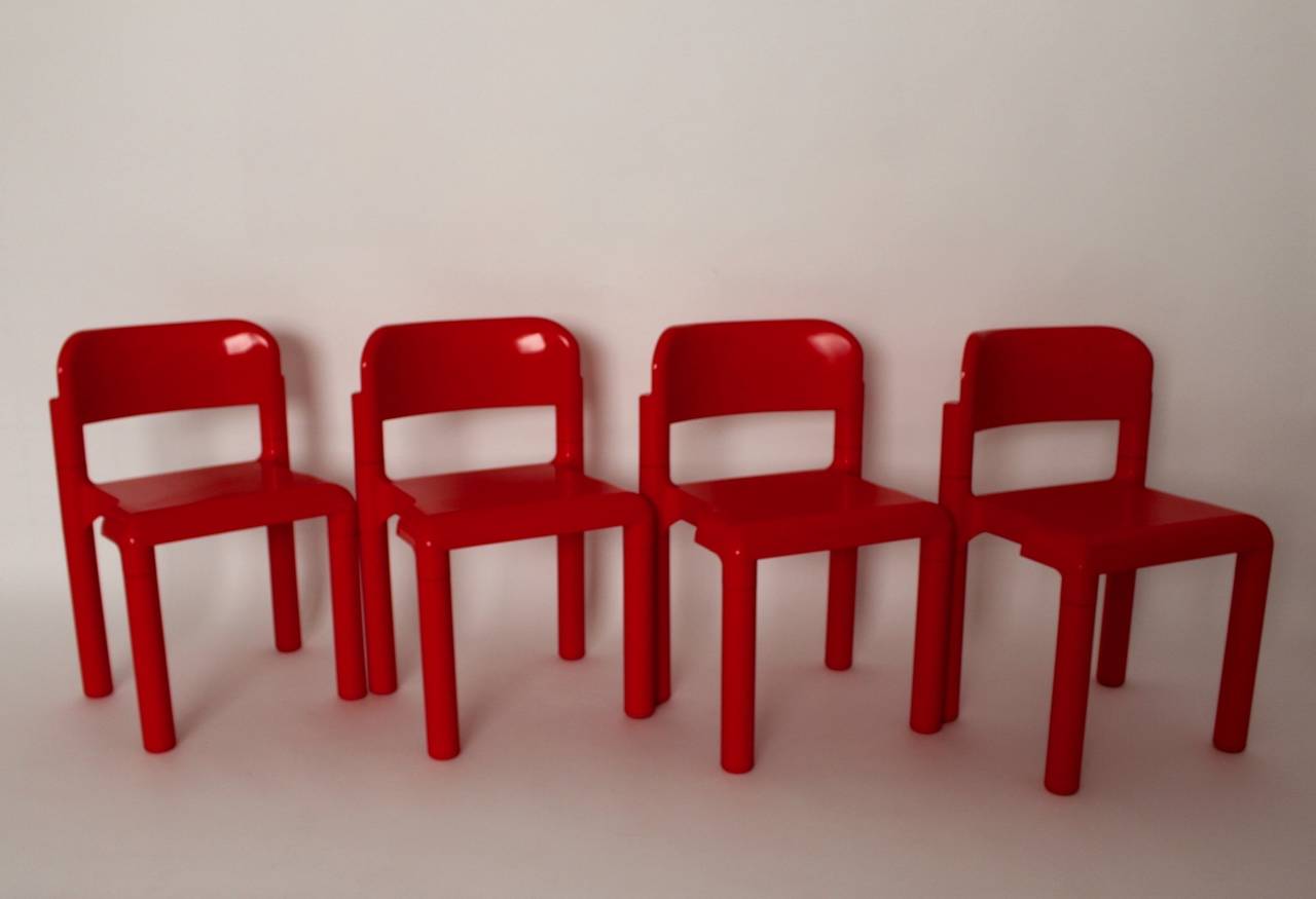 Fiberglass Red Space Age Vintage Set of Four Plastic Chairs by Eero Aarnio, 1970s