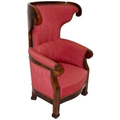 Biedermeier Walnut Wood Pink Fabric Wingback Chair circa 1825 Vienna
