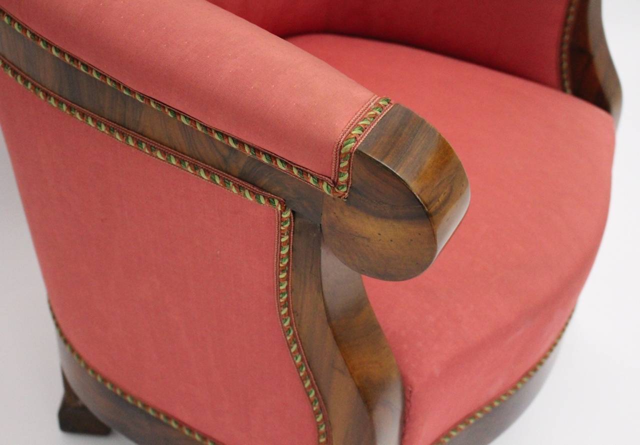 Veneer Biedermeier Walnut Wood Pink Fabric Wingback Chair circa 1825 Vienna