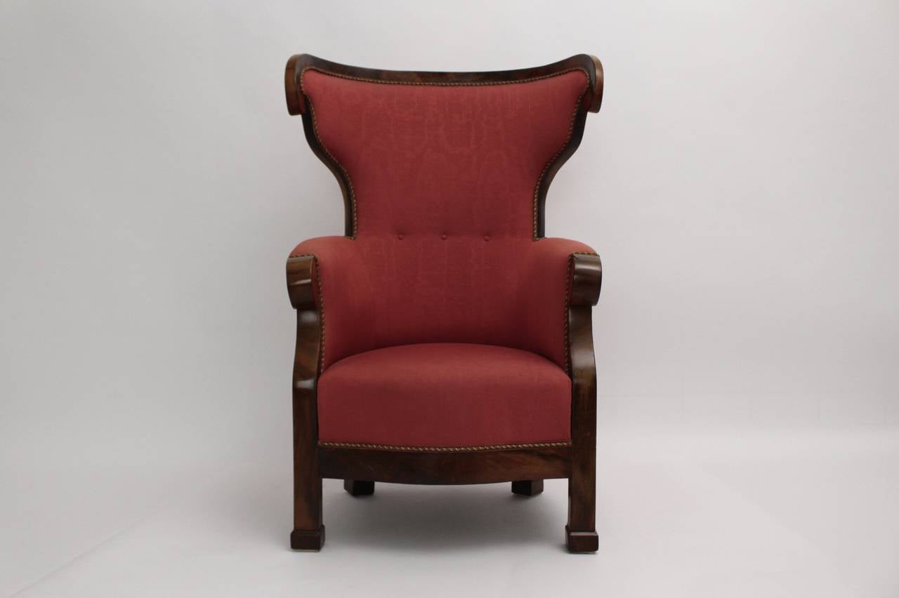 Biedermeier Walnut Wood Pink Fabric Wingback Chair circa 1825 Vienna 1