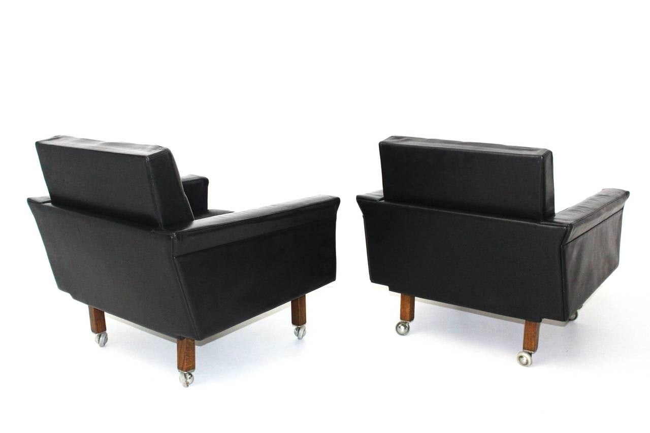 Austrian Mid Century Modern Black Leather Vintage Armchairs Johannes Spalt Austria c 1959 For Sale