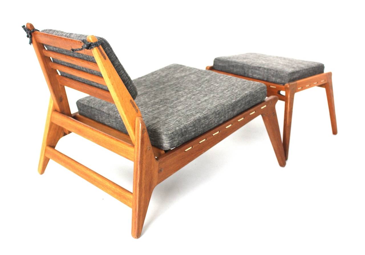European Mid Century Modern Oak Wood Vintage Organic Lounge Chairs with Ottoman c 1960 For Sale