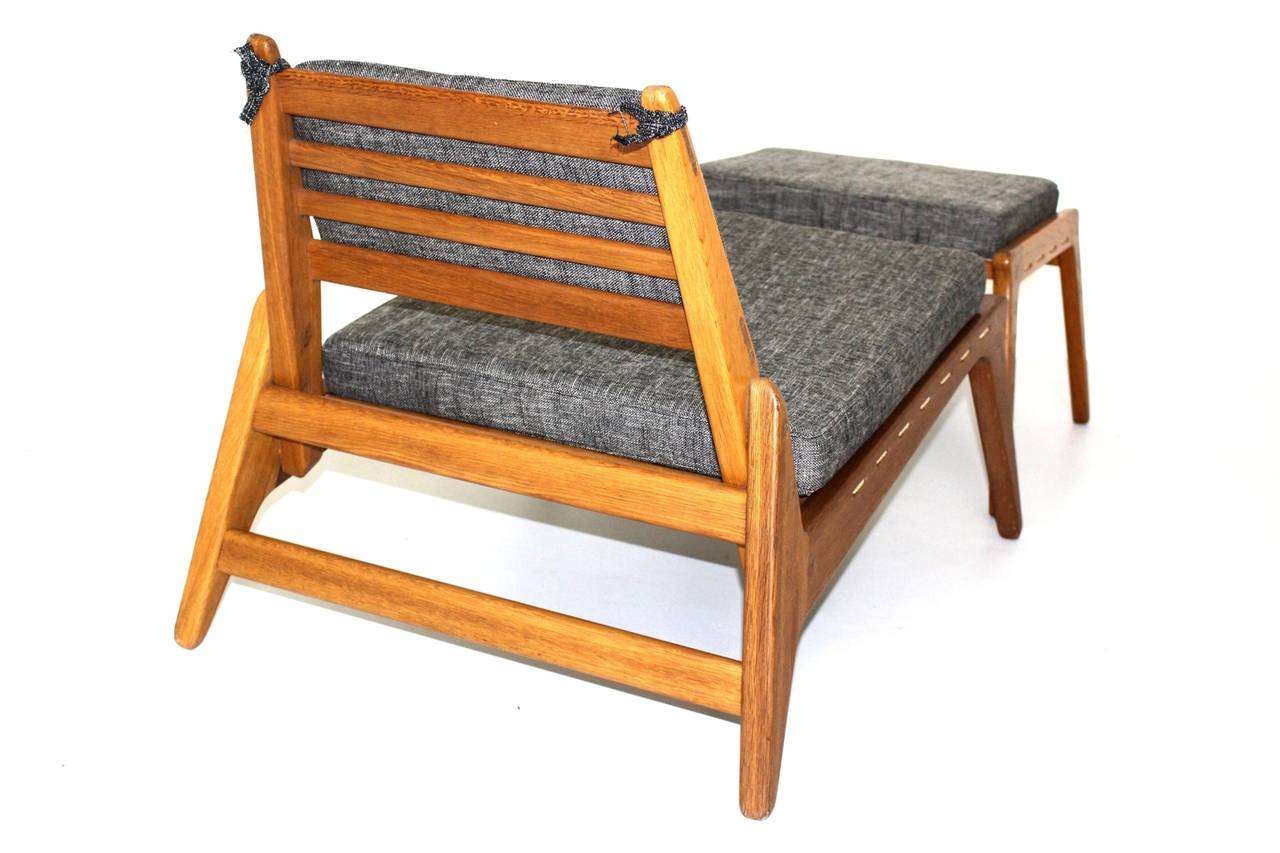 Fabric Mid Century Modern Oak Wood Vintage Organic Lounge Chairs with Ottoman c 1960 For Sale