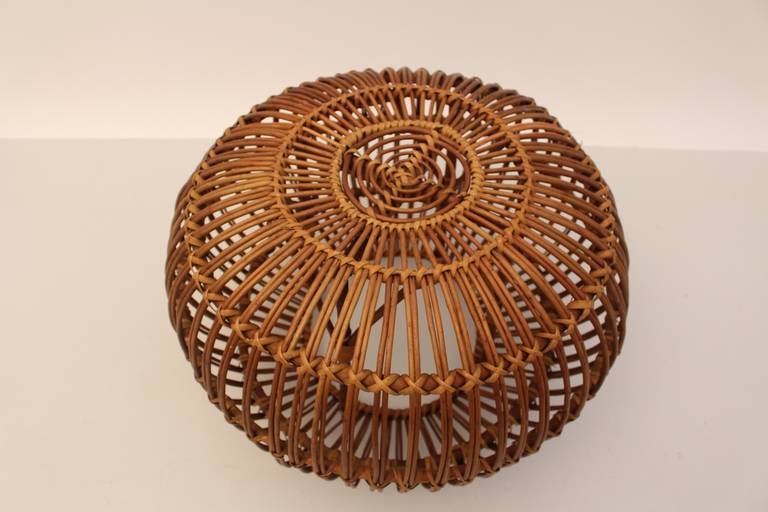 Italian Mid-Century Modern Vintage Rattan Pouf Stool Franco Albini attr Italy, 1950s For Sale