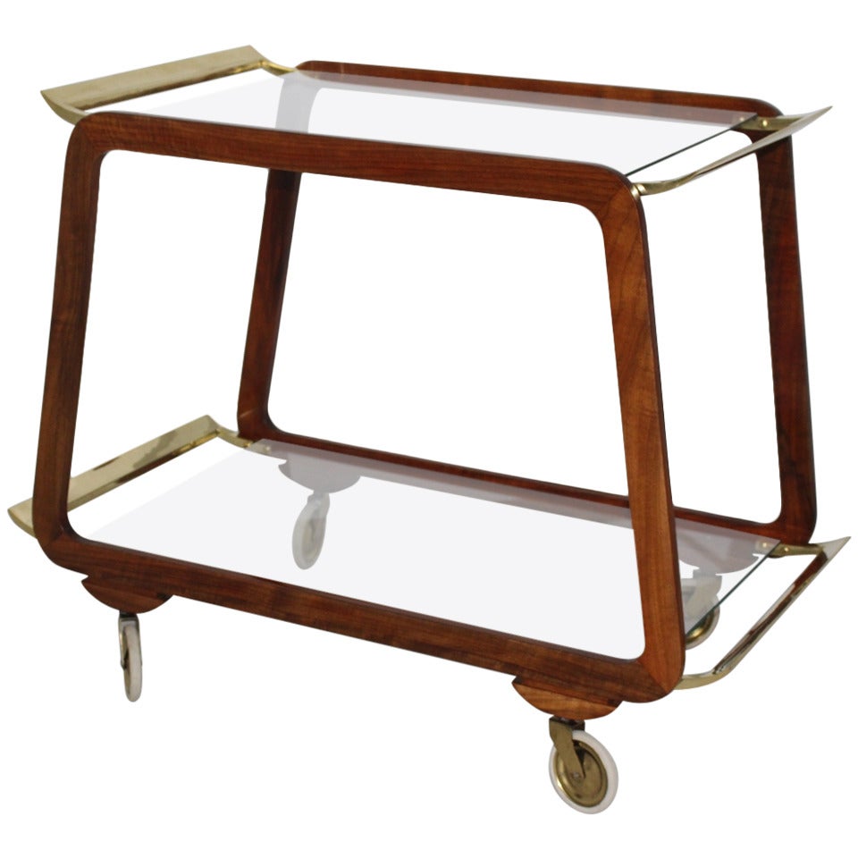 Mid-Century Modern Vintage Brown Walnut Brass Glass Bar Cart, Austria, 1960