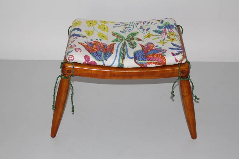 Cherry Wood Viennese Stool by Anna-Lülja Praun with Josef Frank Fabric, 1950s