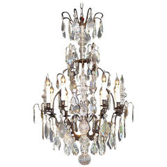 Antique Early 20th Century French Crystal Chandelier with a Dark Patina