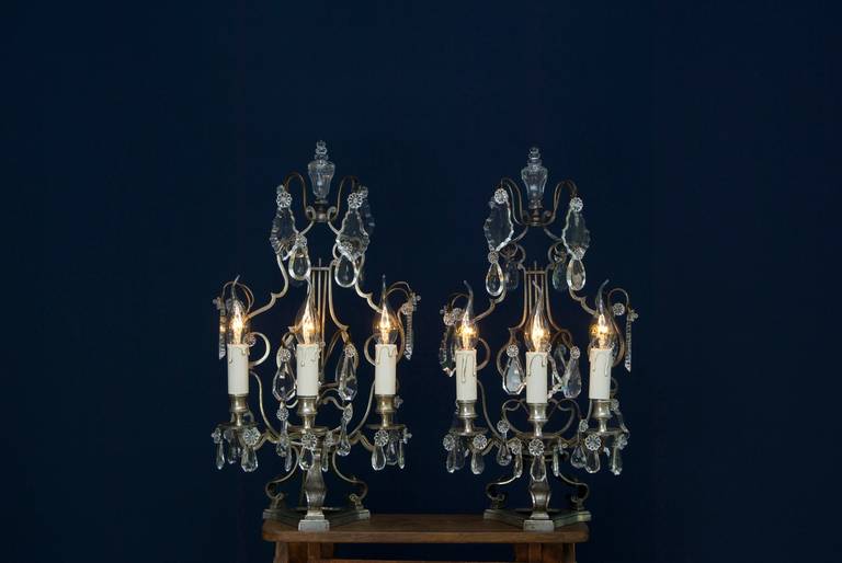Pair of Silvered Bronze French Crystal Girandoles, circa 1900