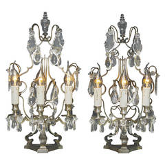 Antique Pair of Silvered Bronze French Crystal Girandoles, circa 1900