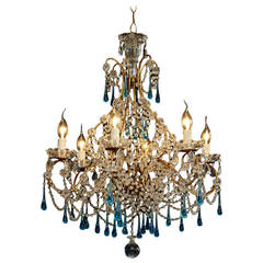 Gilt Metal Italian Chandelier with Six Lights and Blue Glass Tear Drops