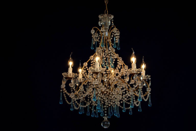 Gilt Metal Italian Chandelier with Six Lights and Blue Glass Tear Drops