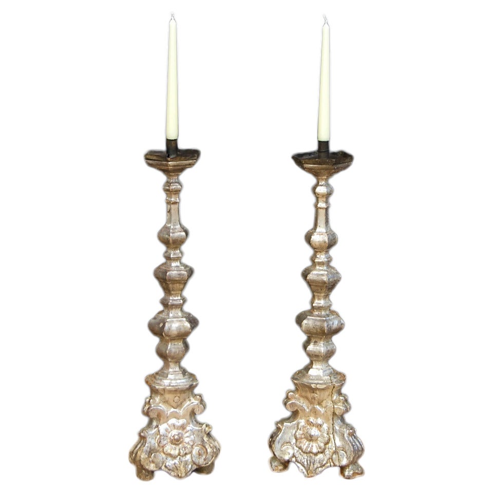 Pair of 18th Century Italian Silver Leaf Pricket sticks or Candlesticks For Sale