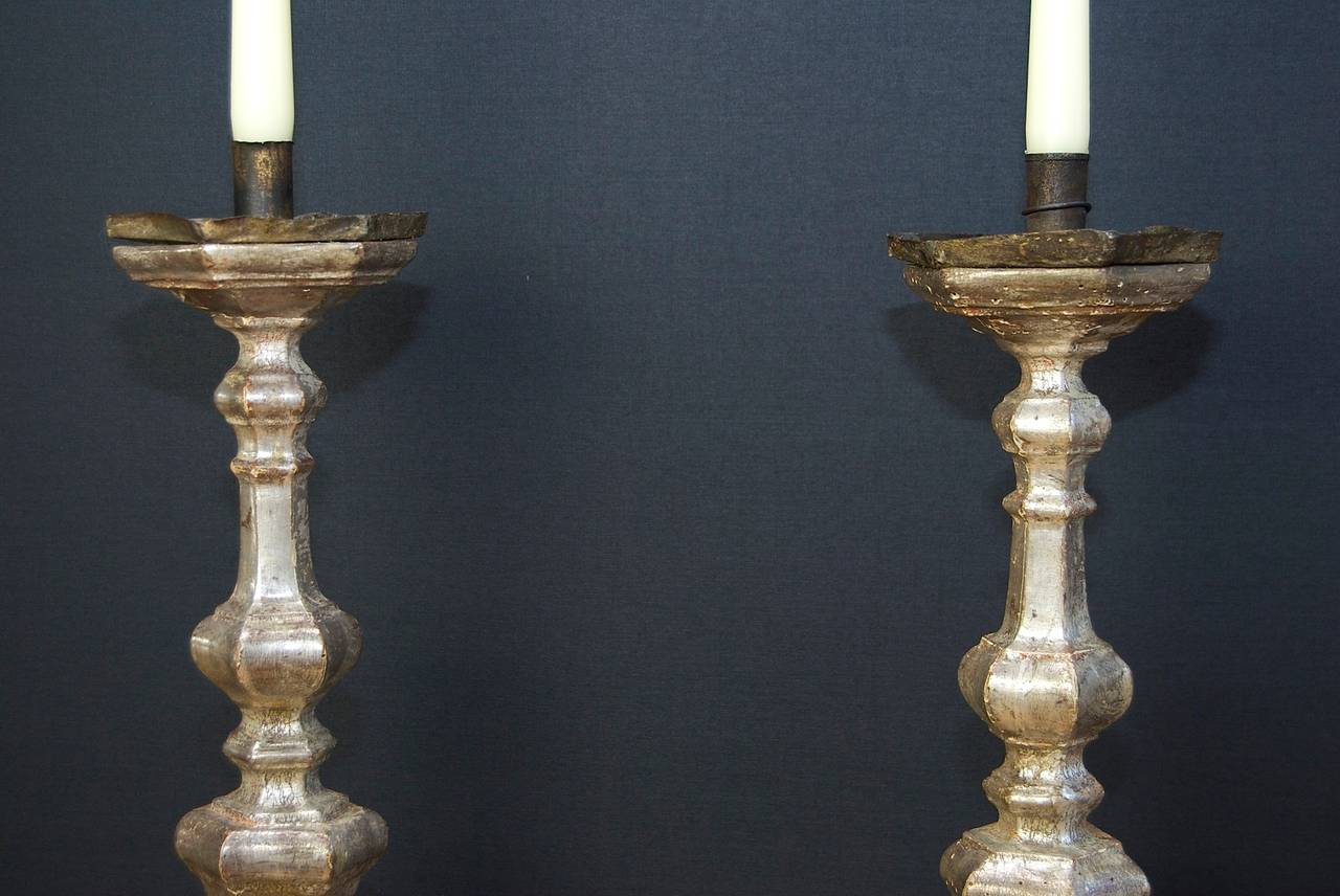 Wood Pair of 18th Century Italian Silver Leaf Pricket sticks or Candlesticks For Sale