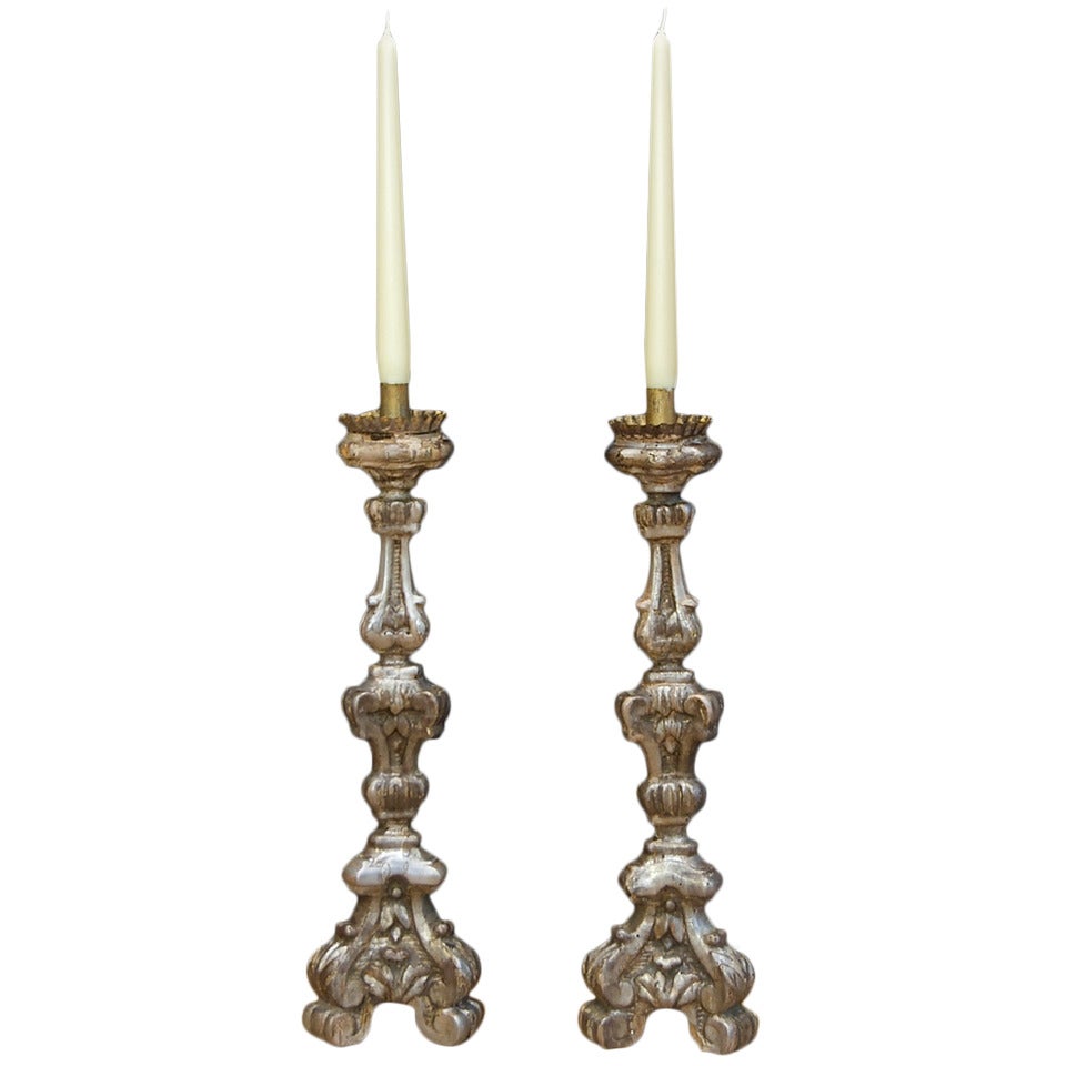 Pair of 19th Century Silver Leaf Italian Candlesticks or Pricket Sticks For Sale