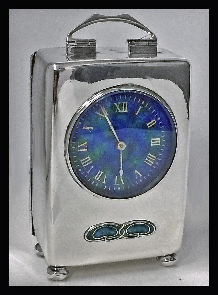 Liberty & Co, 1909 Silver and Enamel Carriage Clock In Good Condition In Toronto, Ontario
