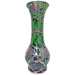 Art Nouveau Sterling Silver Overlay Glass Vase, Alvin, circa 1900