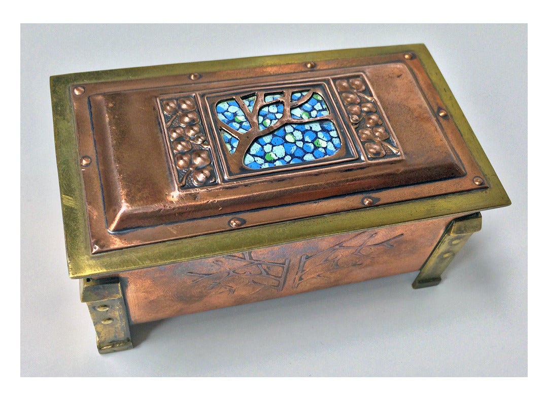 Early 20th Century Rare Size Arts and Crafts Enamel Copper and Brass Box, circa 1900